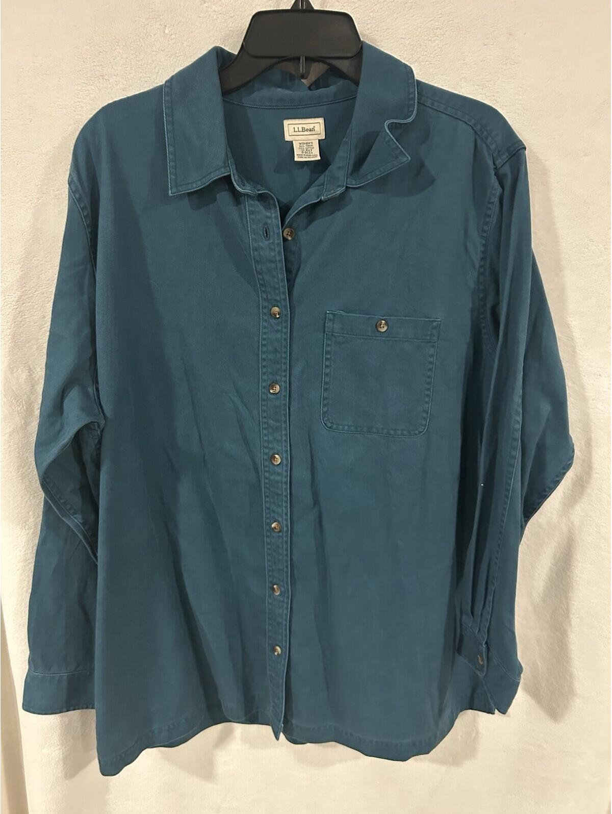 Ll Bean Womens Button Down Shirt Cotton 1x Teal Green Long Sleeve Outdoor Casual